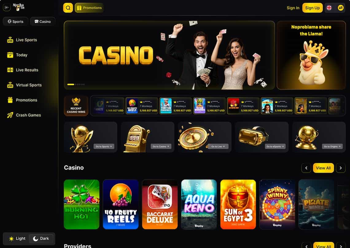 Full-featured casino demo with black and gold interface design