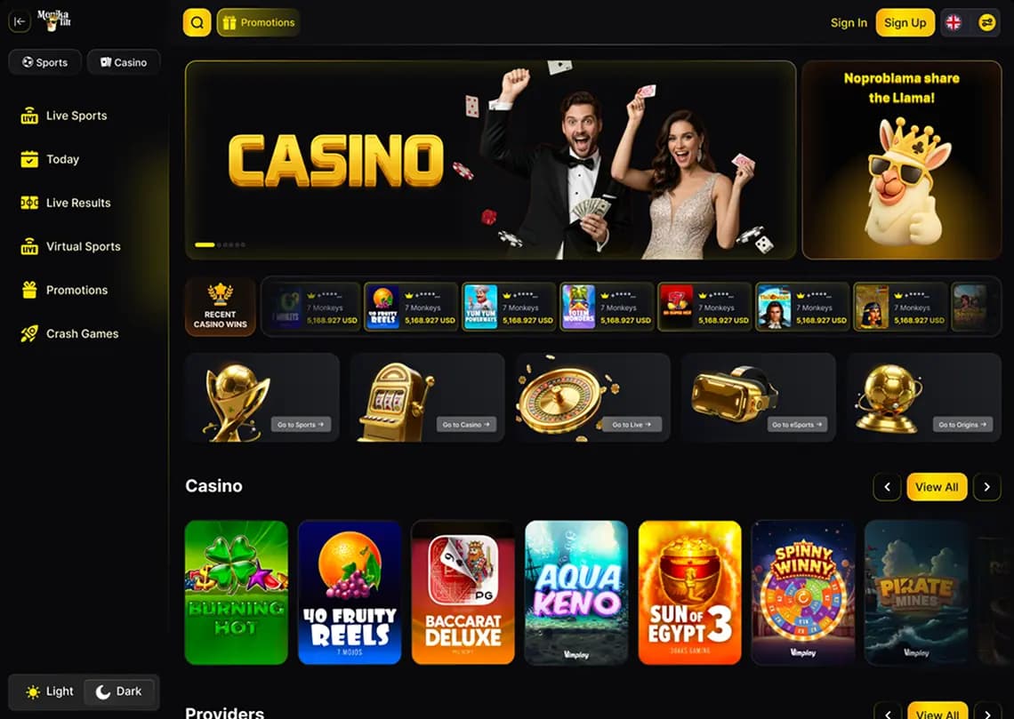 Full-featured casino demo with black and gold interface design