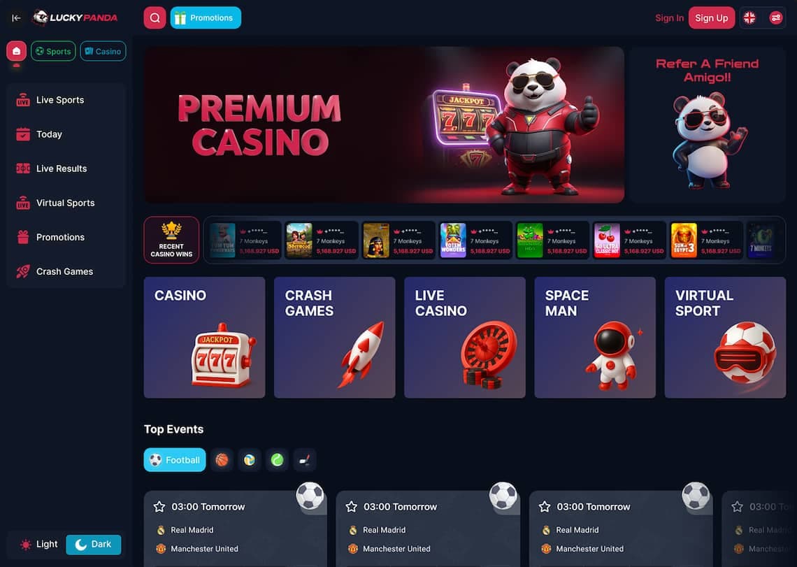 Premium casino demo with navy blue theme